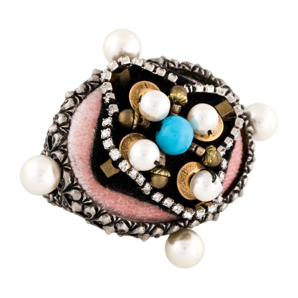 GUCCI Velvet & Faux Pearl Double Finger Cocktail Ring